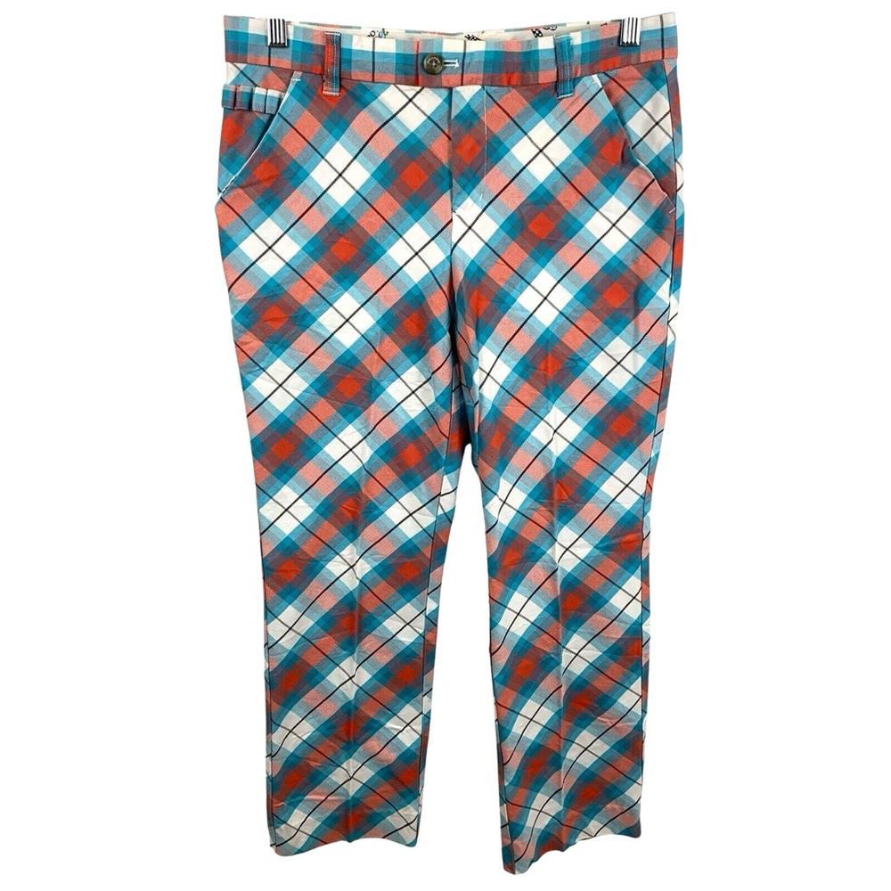 Royal & Awesome Women's 12 Golf Pants Blue White Orange Tartan Plaid Stretch